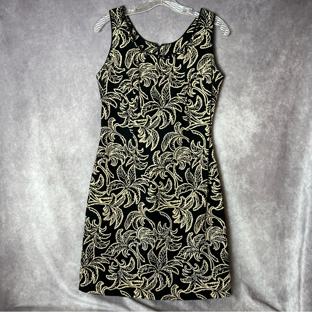 Haven Bleu Black Beige Tropical Leaf Sheath Sleeveless Dress Women’s Small READ